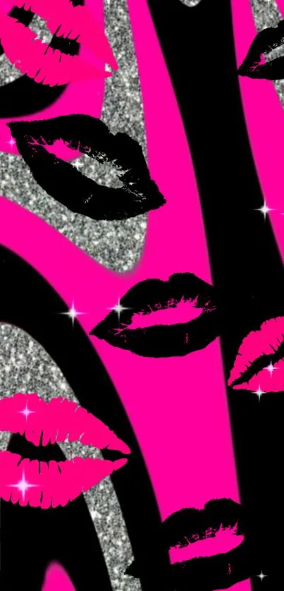 Vibrant pink and black lip print wallpaper with glitter accents.