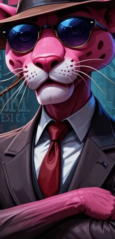 Stylish pink panther in a detective suit and sunglasses.