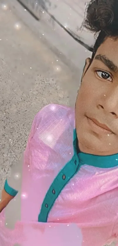 Young man in pink and teal shirt against a sparkly backdrop.