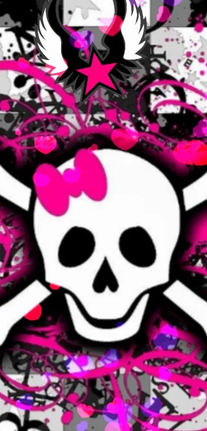 Pink skull with bow and hearts on splatter art background.