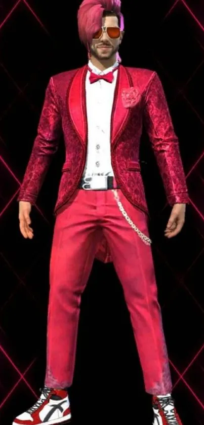 Edgy character in a vibrant pink suit on a dynamic dark background.