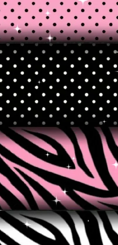 Trendy mobile wallpaper with pink zebra patterns and polka dots.