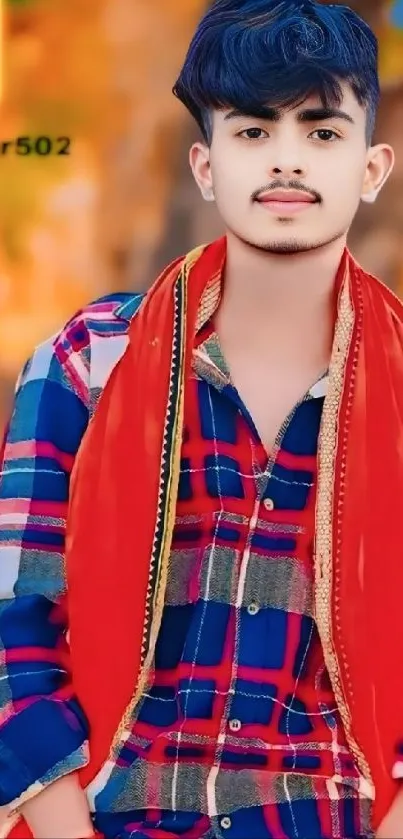 Trendy figure in plaid shirt with orange backdrop.