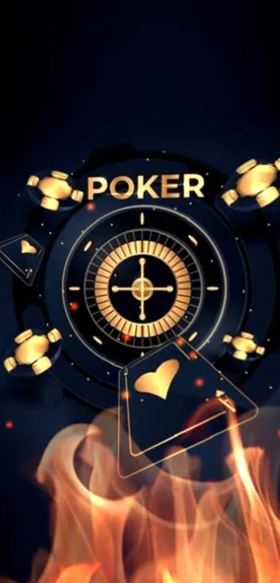 Fiery poker-themed wallpaper with gold accents and dark blue background.