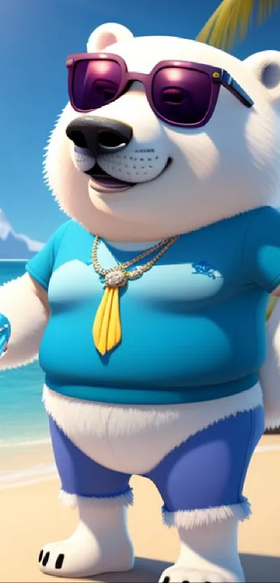 Cartoon polar bear at beach with sunglasses and vibrant outfit.