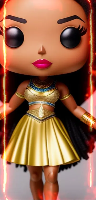 Pop doll in golden dress with flaming background on mobile wallpaper.