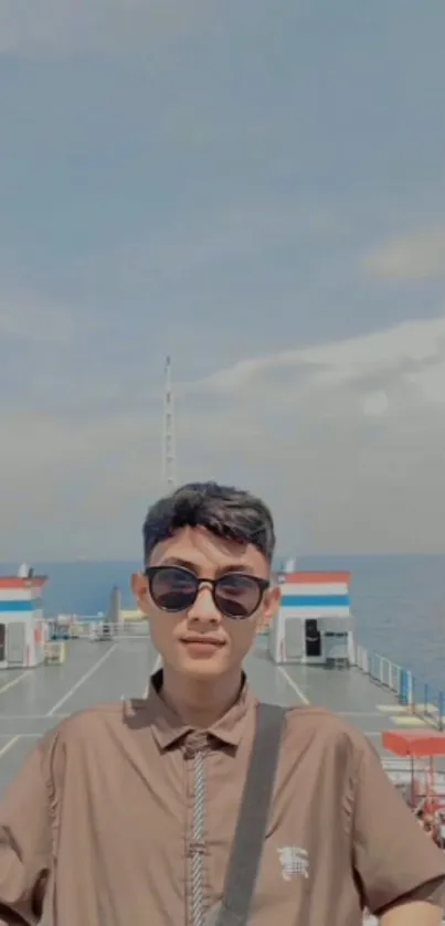 Young man with sunglasses on a ship with ocean background under a clear sky.