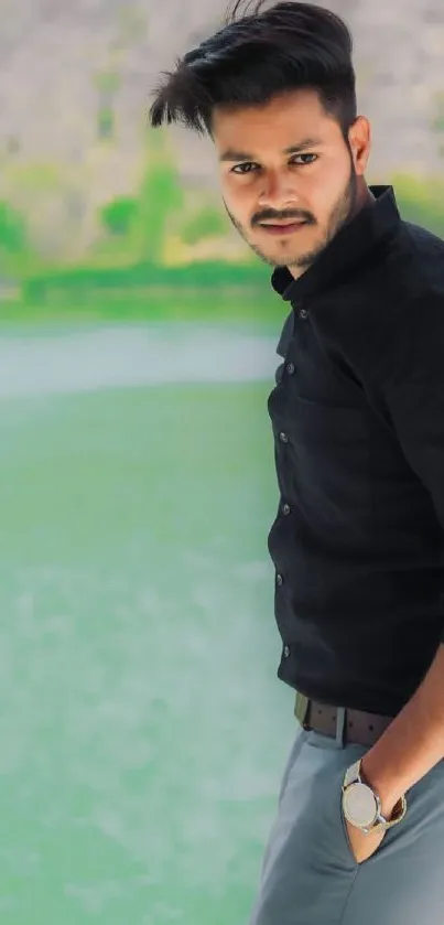 Young man in black shirt leaning on a pillar by a serene lake.