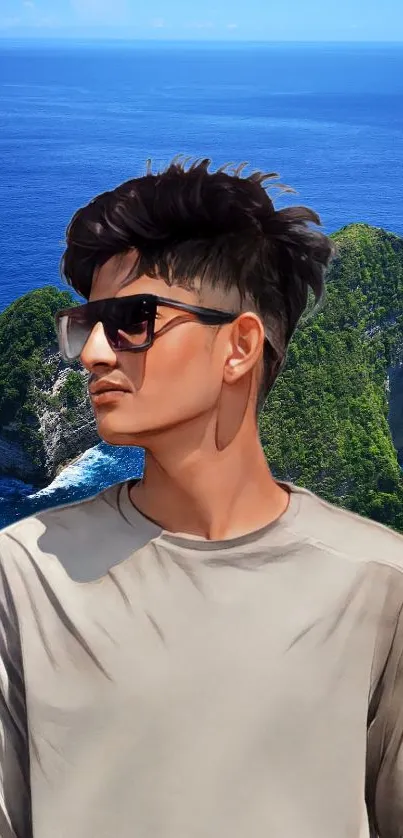 Stylish portrait with ocean backdrop and green cliffs under a blue sky.