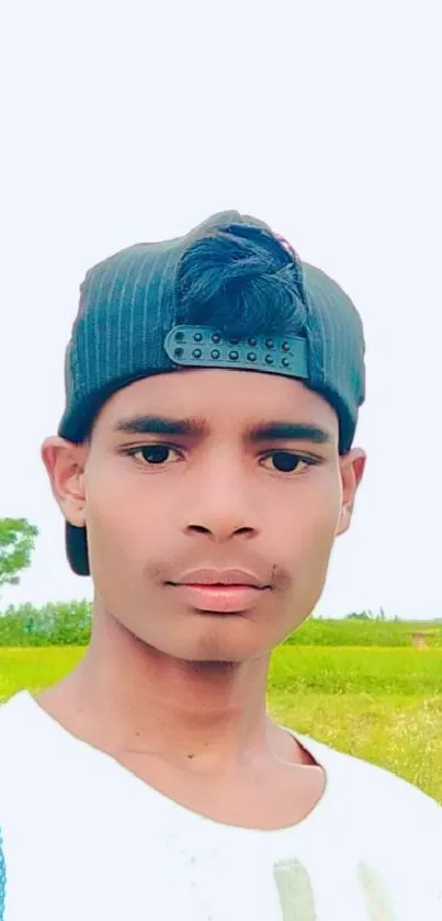 Young man in a cap standing in a green field with a bright sky.