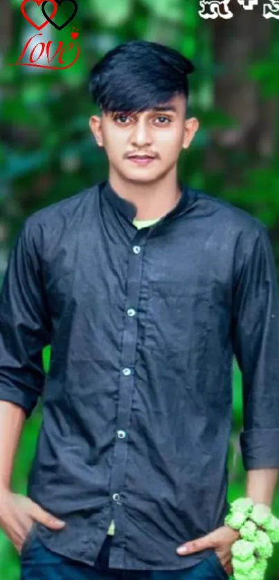 Young man in black shirt against green background