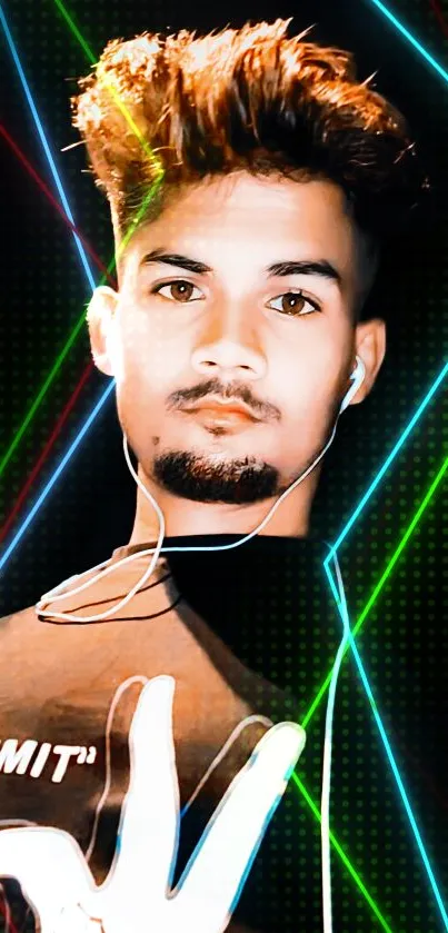 Stylish portrait with vibrant colors and earphones on a dark background.