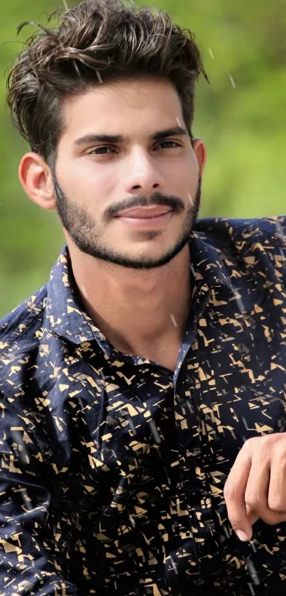 Stylish man in patterned shirt with green background.