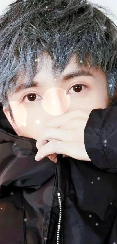 A stylish young person with blue-gray hair in a black jacket.