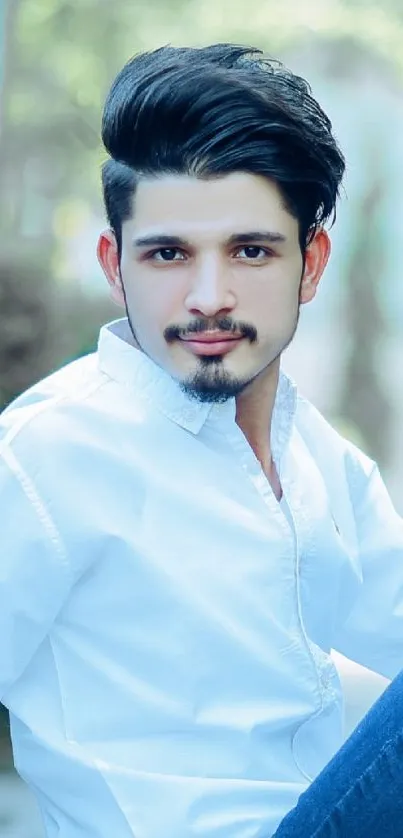 Man in white shirt posing outdoors in a serene setting.