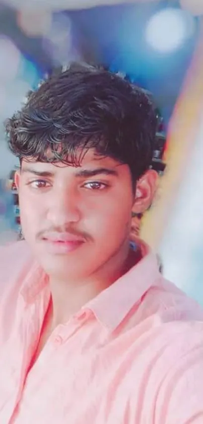 Stylish young man in pink shirt with soft background.