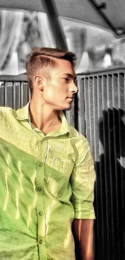 Portrait of a stylish young man in a green shirt under a city backdrop.