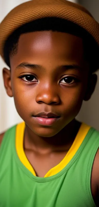 Portrait of a young boy wearing a green outfit and brown hat.