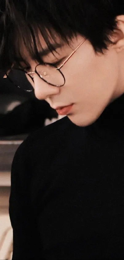 Stylish portrait with black turtleneck and glasses on a mobile wallpaper.