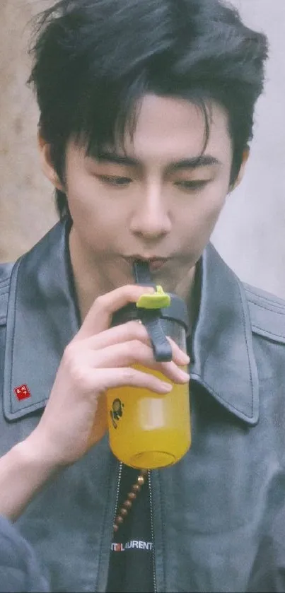 Young man sipping from a yellow bottle, wearing a stylish jacket.