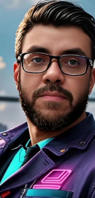 Bearded man with glasses against a sky backdrop in vibrant hues.