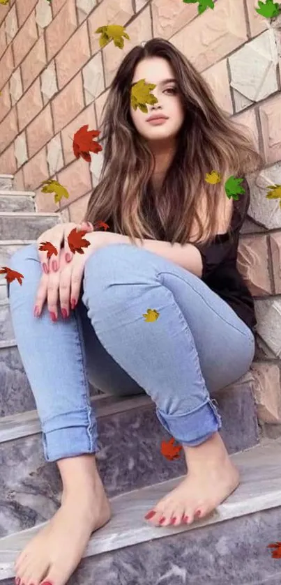 Person sitting on marble steps with brick background.