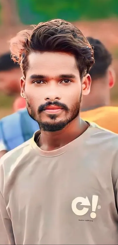 Portrait of a stylish young man in a beige shirt with a colorful background.