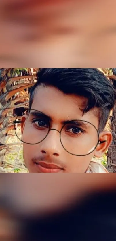 Portrait of a young man with glasses against a natural background.