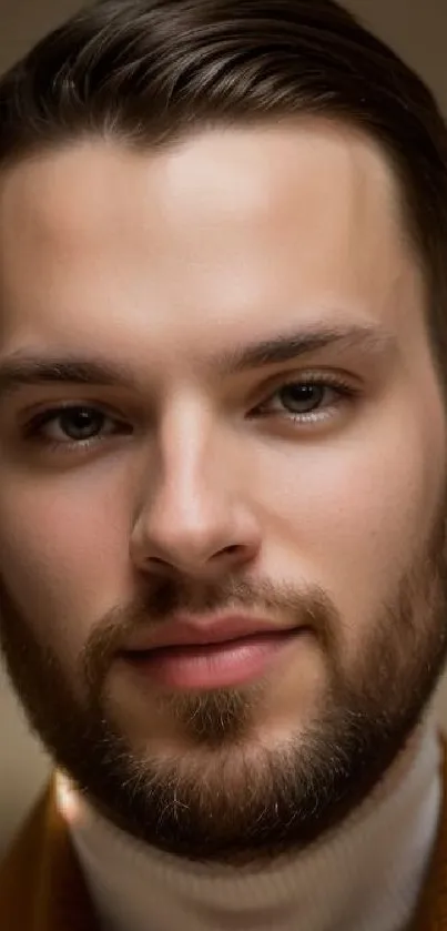 Portrait of a stylish bearded man with warm expression in beige tones.