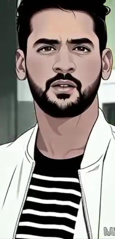 A stylish digital portrait of a man in a striped shirt and white jacket.