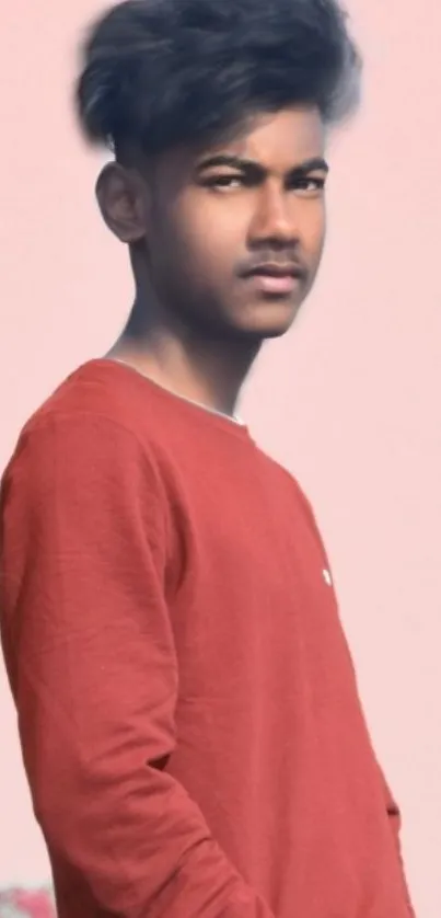 Stylish person against a soft pink background, wearing a red shirt.