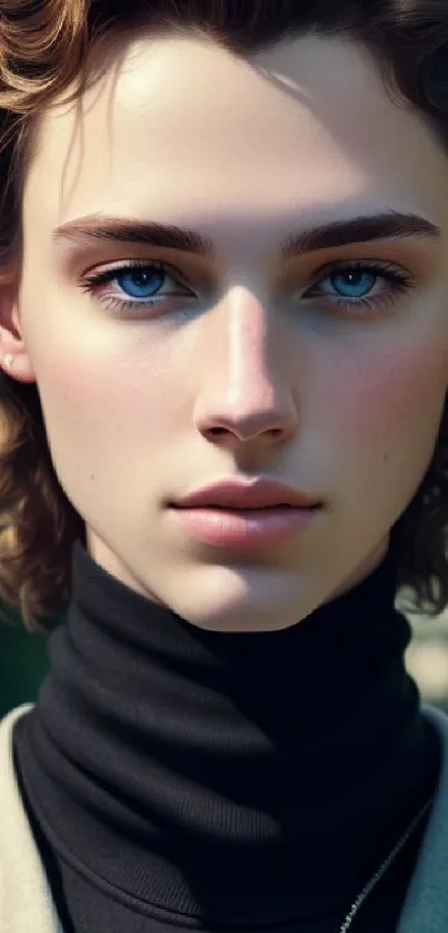 Portrait wallpaper of a young person with blue eyes and curly hair.