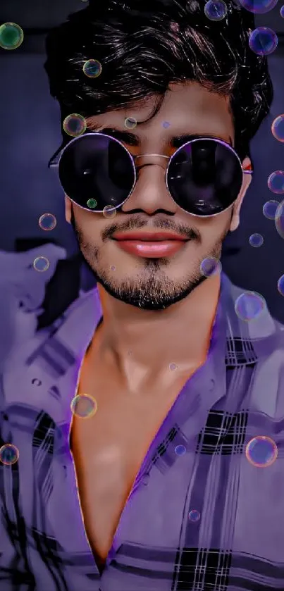 Stylish portrait with sunglasses and bubbles in vibrant colors.