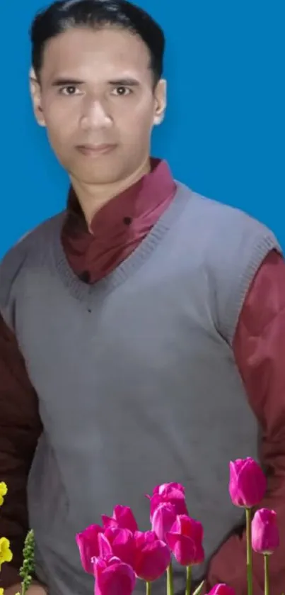 Man in red shirt with floral design on blue background.