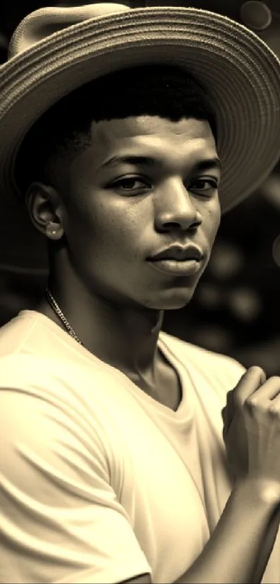 Sepia-toned portrait of person in hat with blurred background.