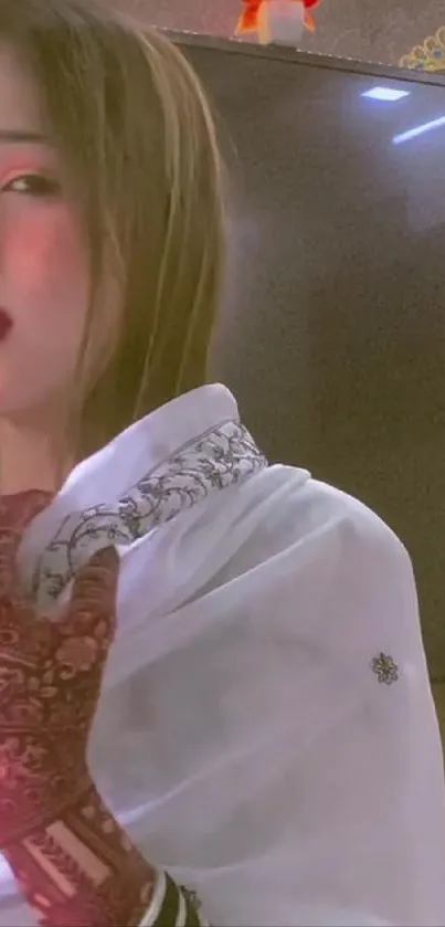 Portrait of a stylish person with henna design