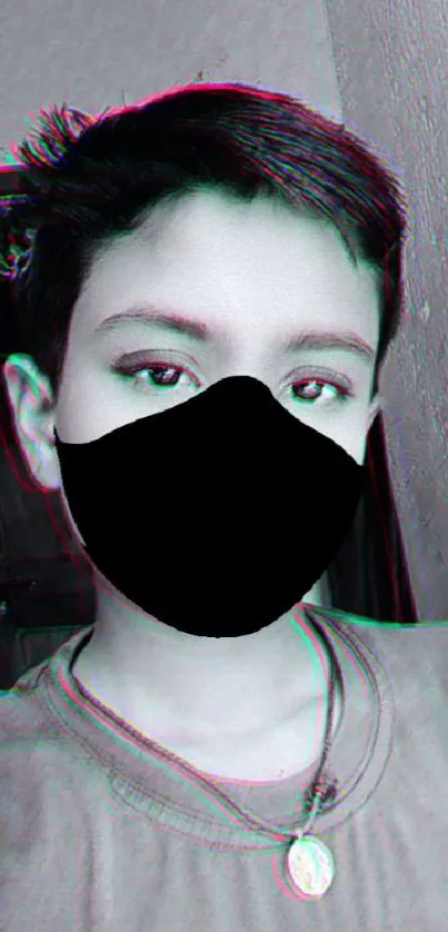 Artistic portrait with a black mask and glitch effect.