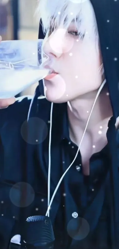 Fashionable portrait with headphones and milk in a black hoodie.