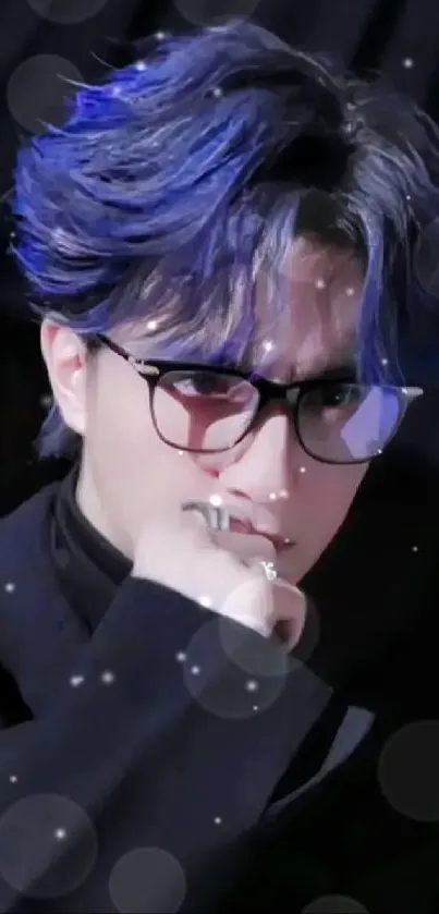 Person with vibrant purple hair and glasses against a dark background.