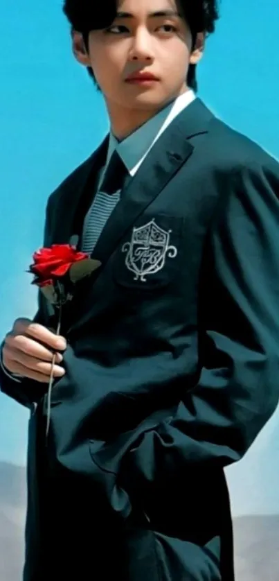 Person in dark suit with red rose, blue sky background.