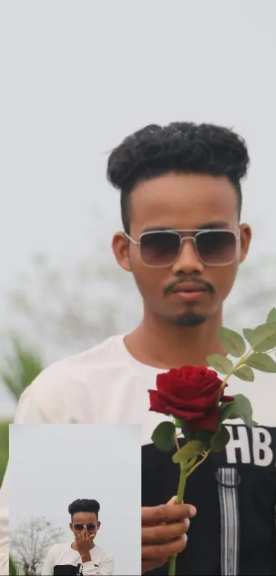 Man in sunglasses holding a red rose with a blurry natural background.