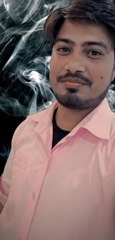 Portrait of man in pink shirt with smoky background.