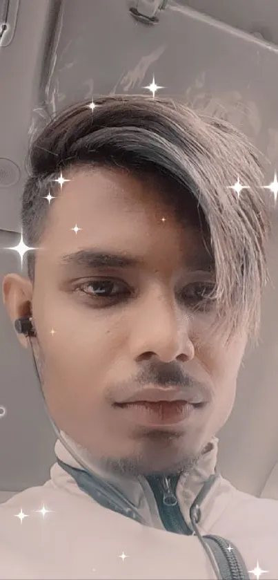 Portrait with modern hairstyle and sparkling effects in a car setting.