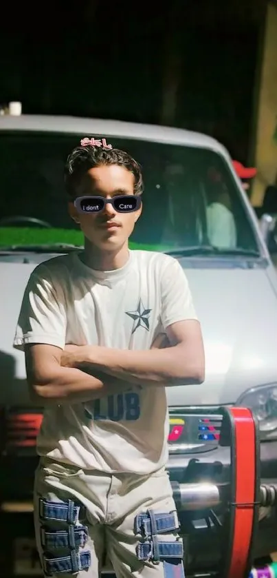 A stylish person with sunglasses stands confidently in front of a vehicle at night.