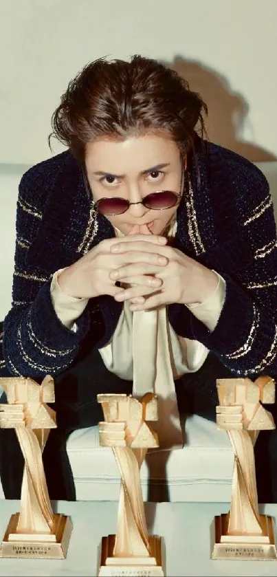 Person in sunglasses posing with three trophies on a white couch.