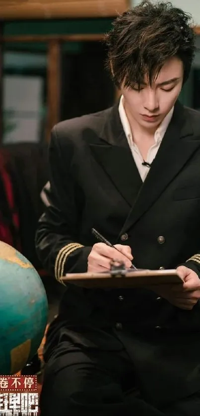 Stylish man writing with a globe in a classy setting.