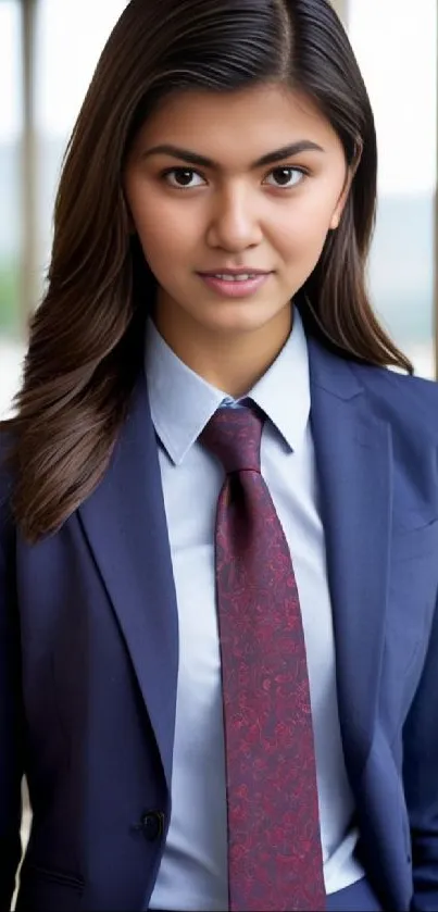 Stylish portrait of a person in a navy suit and burgundy tie.