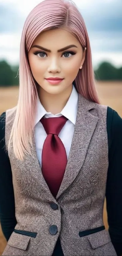 Young woman with pink hair in a professional outfit, outdoors.