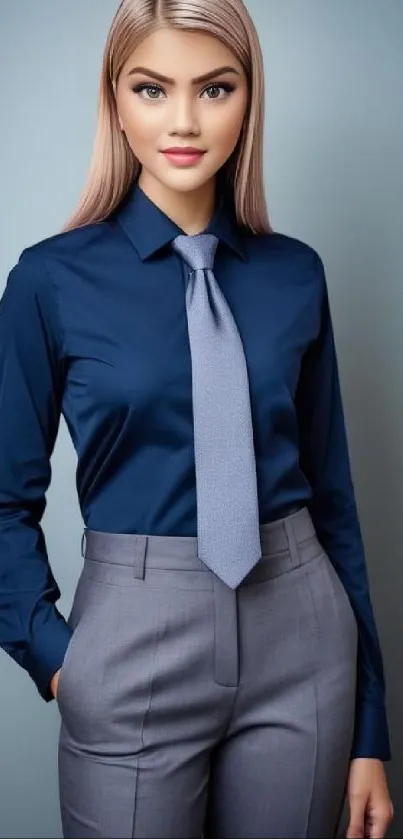 Person in stylish professional attire, blue shirt and gray pants.