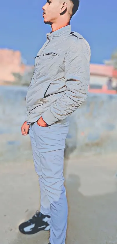 Stylish profile of a man against a blue sky, wearing a casual outfit.